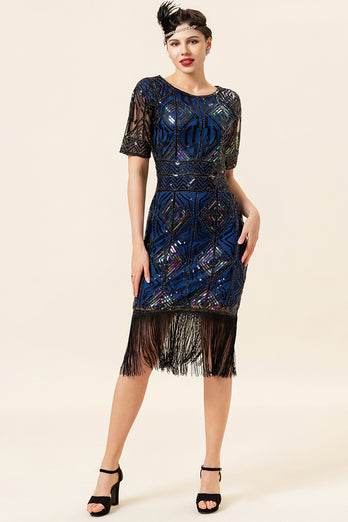 Blue Sequins Fringe Gatsby 1920s Dress with Sleeves