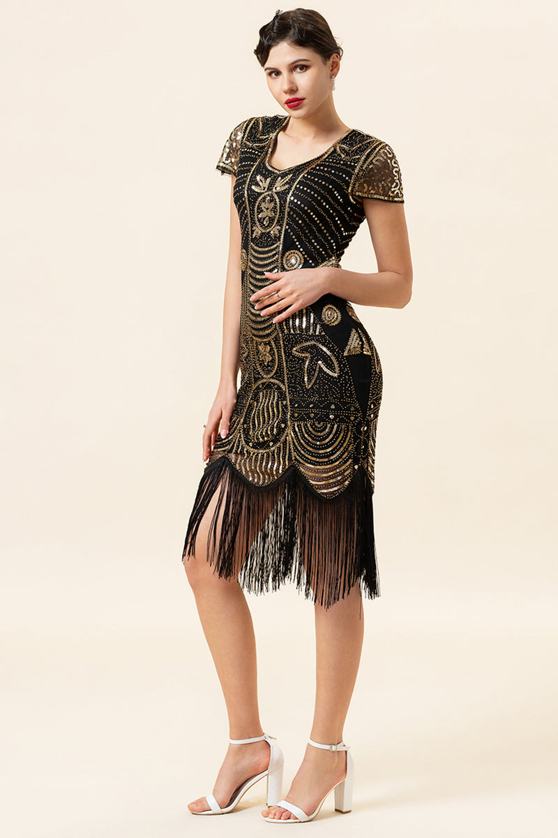 Load image into Gallery viewer, Black Golden 1920 Retro Sequin Dress