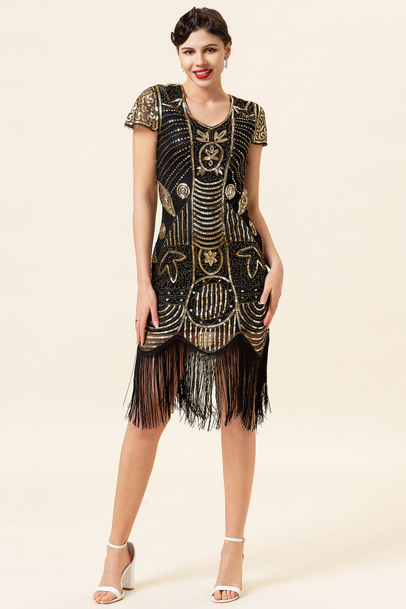 Load image into Gallery viewer, Black Golden 1920 Retro Sequin Dress