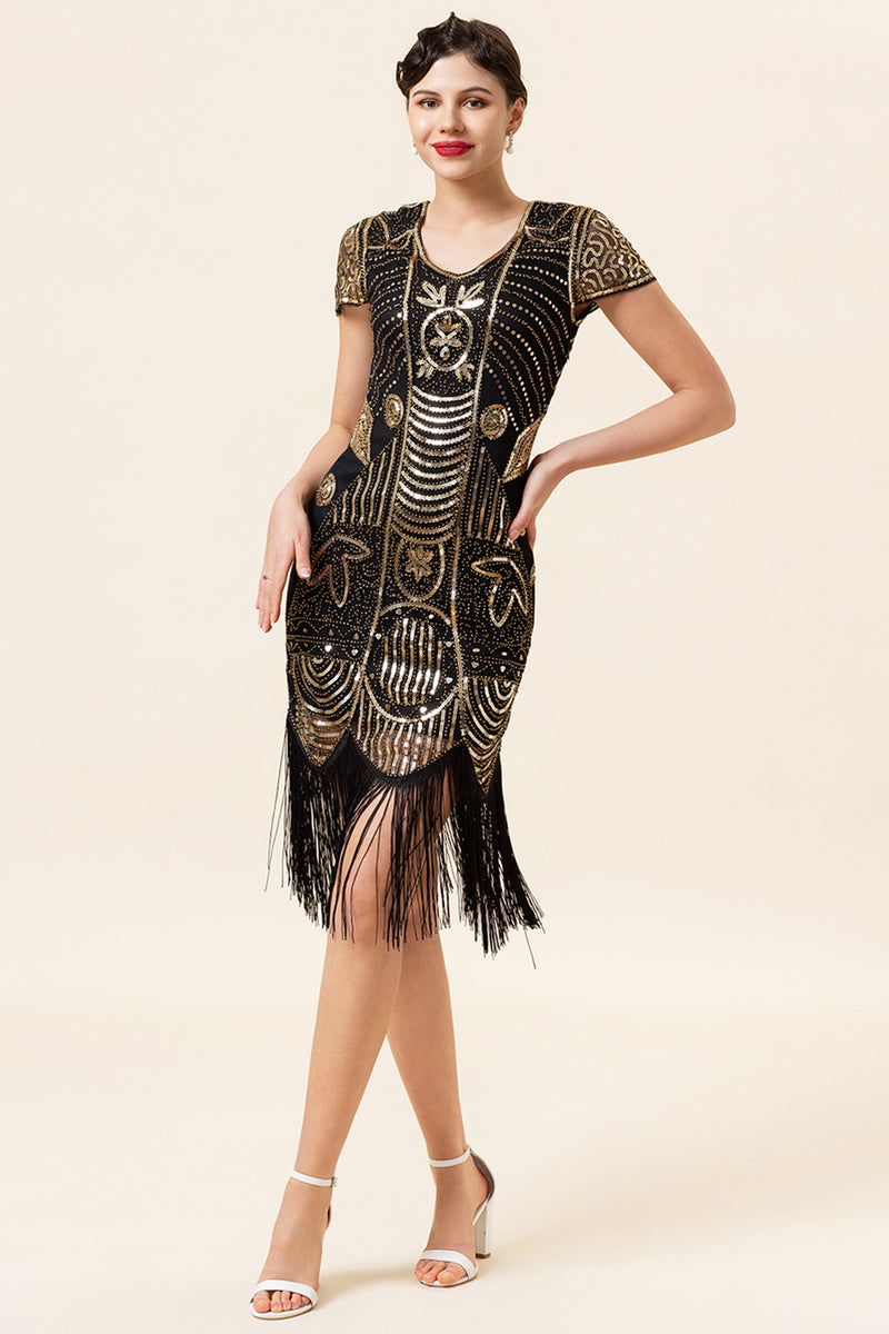 Load image into Gallery viewer, Black Golden 1920 Retro Sequin Dress