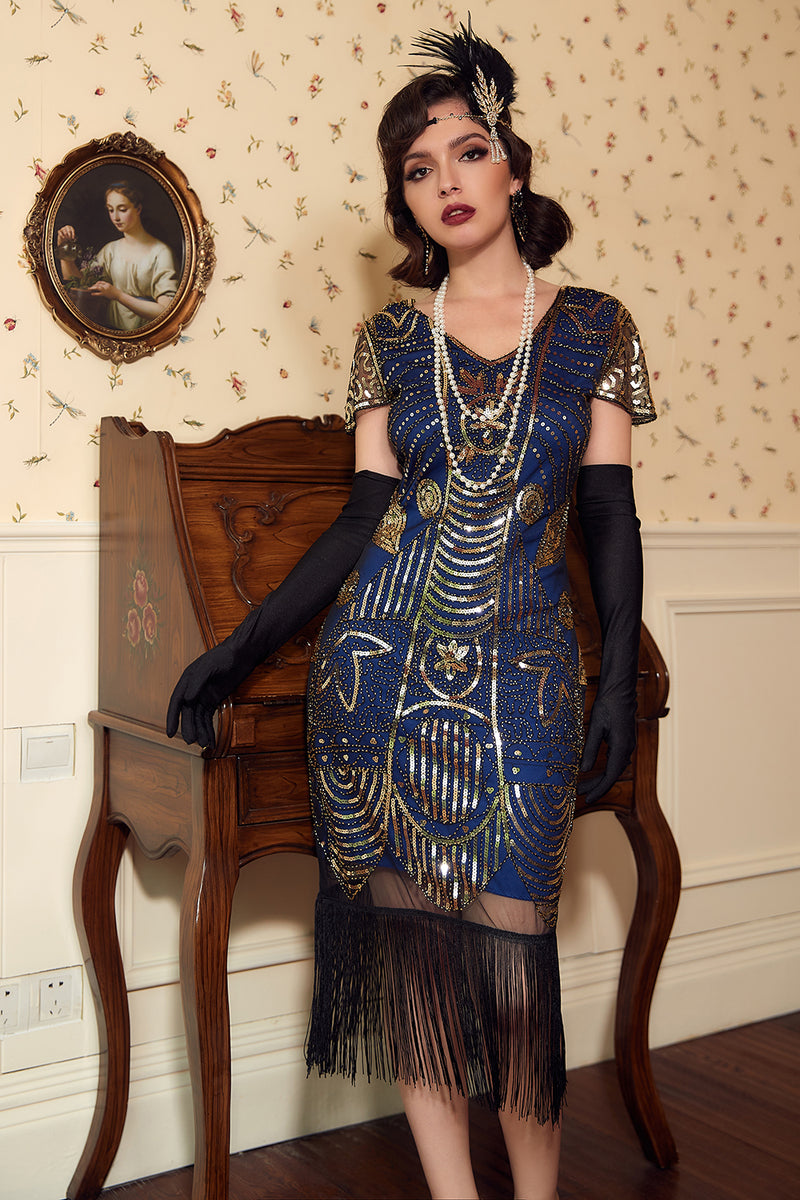 Load image into Gallery viewer, Black Golden 1920 Retro Sequin Dress