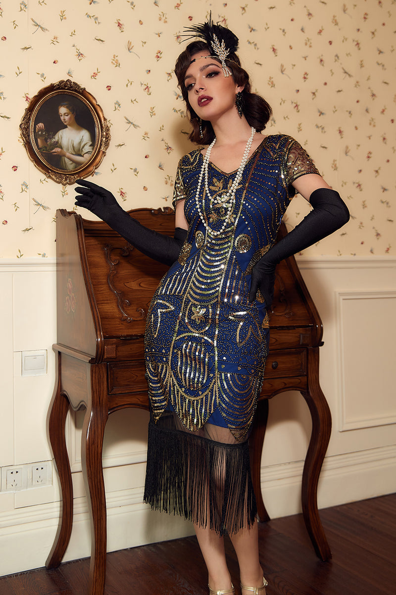 Load image into Gallery viewer, Black Golden 1920 Retro Sequin Dress