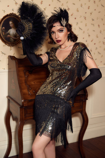 Black Golden 1920s Party Dress with Tassel