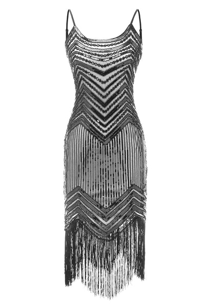 Spaghetti Straps Black Silver 1920s Dress