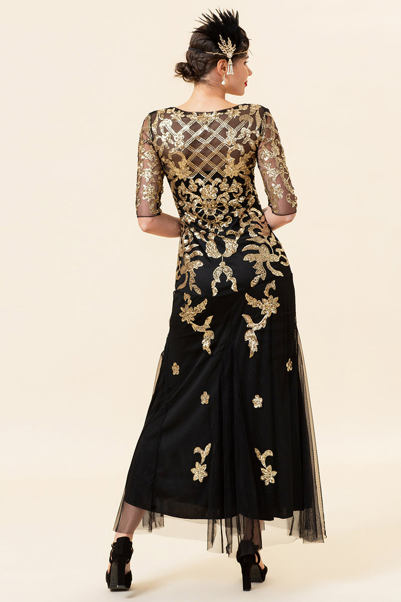 Load image into Gallery viewer, Black Golden Sequins 1920s Dress