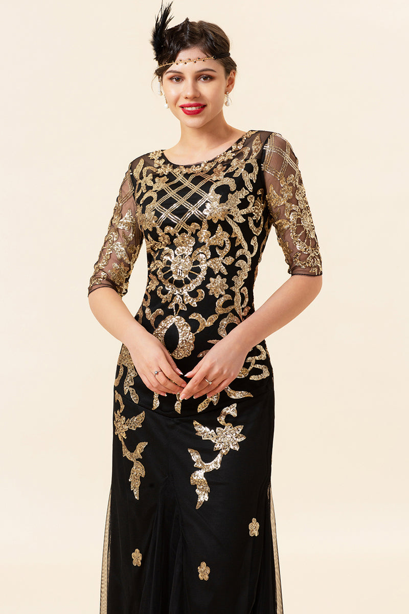 Load image into Gallery viewer, Black Golden Sequins 1920s Dress