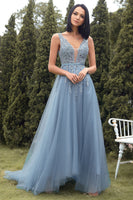 Load image into Gallery viewer, A-Line Long Blue Formal Dress with Appliques