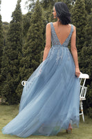 Load image into Gallery viewer, A-Line Long Blue Formal Dress with Appliques
