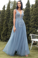Load image into Gallery viewer, A-Line Long Blue Formal Dress with Appliques