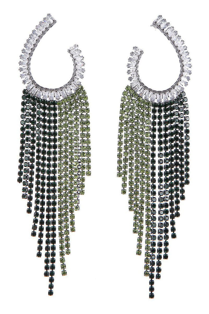 Load image into Gallery viewer, Rhinestones Green Tassel Earrings