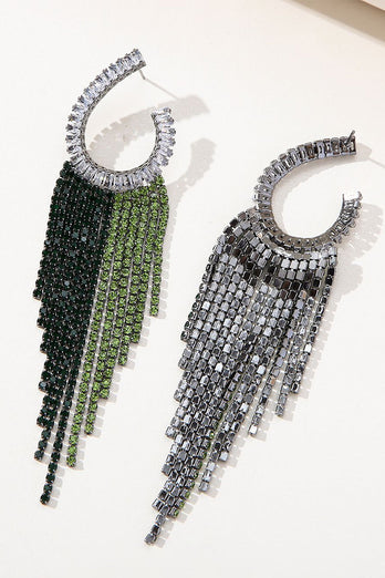 Rhinestones Green Tassel Earrings