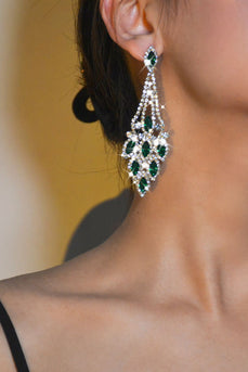 Green Rhinestones Long Earrings