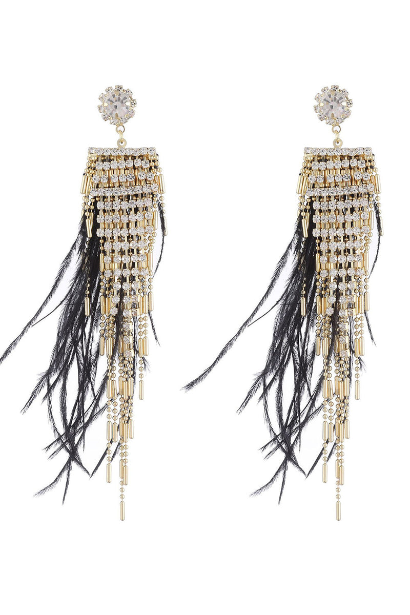 Load image into Gallery viewer, Tassel Feather Rhinestone Long Earrings