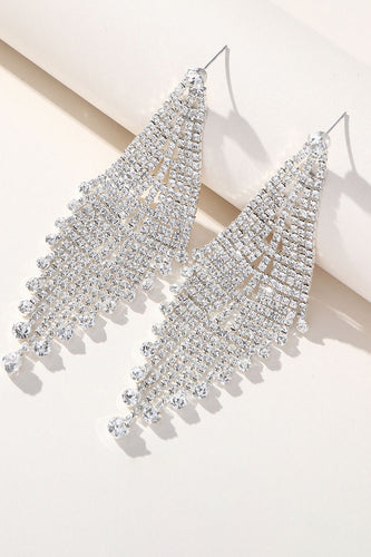 Shiny Silver Long Rhinestones Earrings