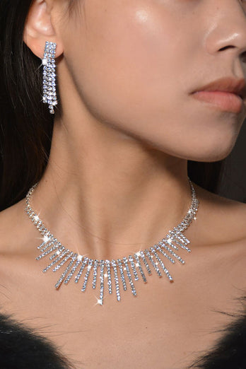Silver Rhinestone Drop Bridal Earrings Necklace Set