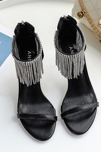 Black Rhinestone Thick High Heels