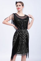 Load image into Gallery viewer, Black Glitter Sequins Flapper Dress with Fringes