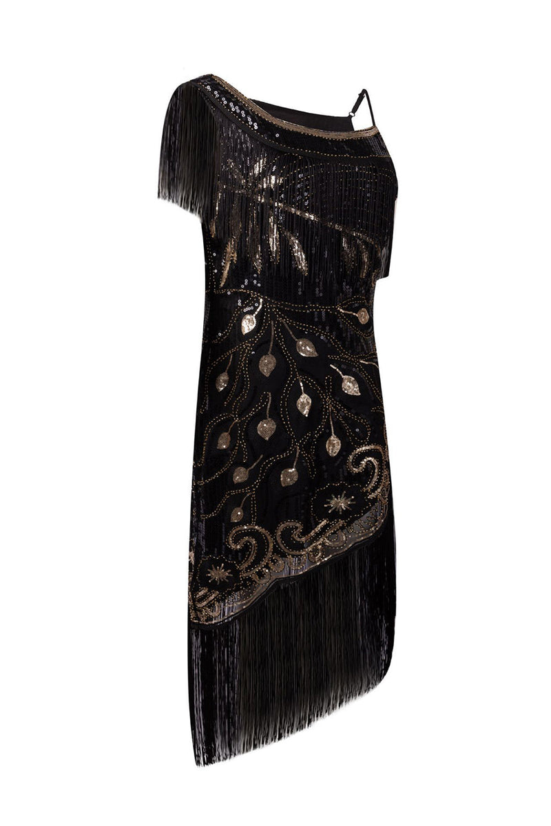 Load image into Gallery viewer, Black One Shoulder 1920s Dress with Fringes