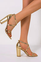 Load image into Gallery viewer, Golden Chunky High Heel Ankle Strap Sandal