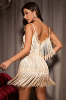 Load image into Gallery viewer, Spaghetti Straps Champange Semi Formal Dress with Fringes