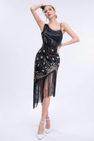 Load image into Gallery viewer, Black Beaded Roaring 20s Gatsby Fringed Flapper Dress