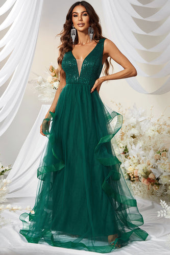 A-Line Sleeveless Dark Green Long Formal Dress