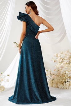 Sparkly One Shoulder Dark Blue Formal Dress with Ruffles