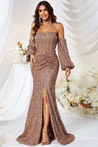 Mermaid Strapless Sequins Corset Formal Dress with Slit