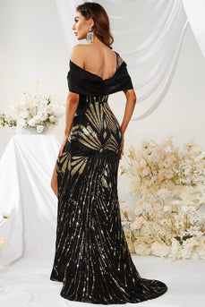 Sparkly Mermaid Black Golden Long Formal Dress with Slit
