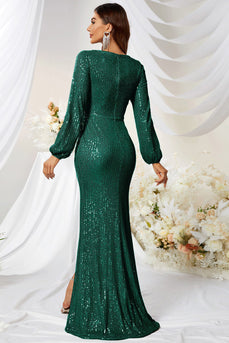 V-Neck Dark Green Formal Dress with Long Sleeves