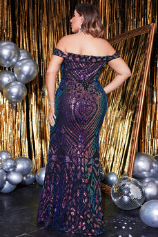 Mermaid Plus Size Sparkly Off The Shoulder Dark Purple Formal Dress with Slit