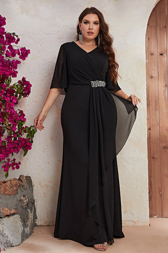 V-Neck Beaded Black Plus Size Formal Dress with Ruffles