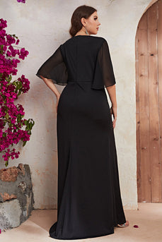 V-Neck Beaded Black Plus Size Formal Dress with Ruffles