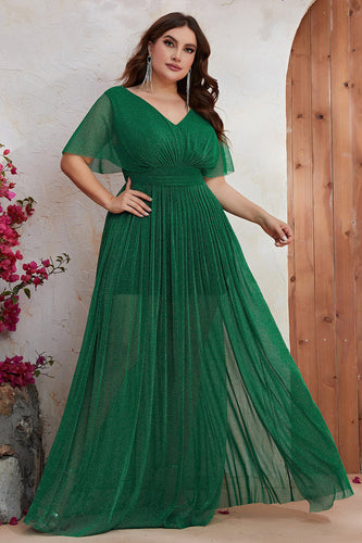 Sparkly V-Neck Green Plus Size Formal Dress with Slit