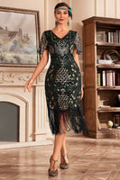 Load image into Gallery viewer, Black Golden V Neck Fringe 1920s Gatsby Dress With Sequins