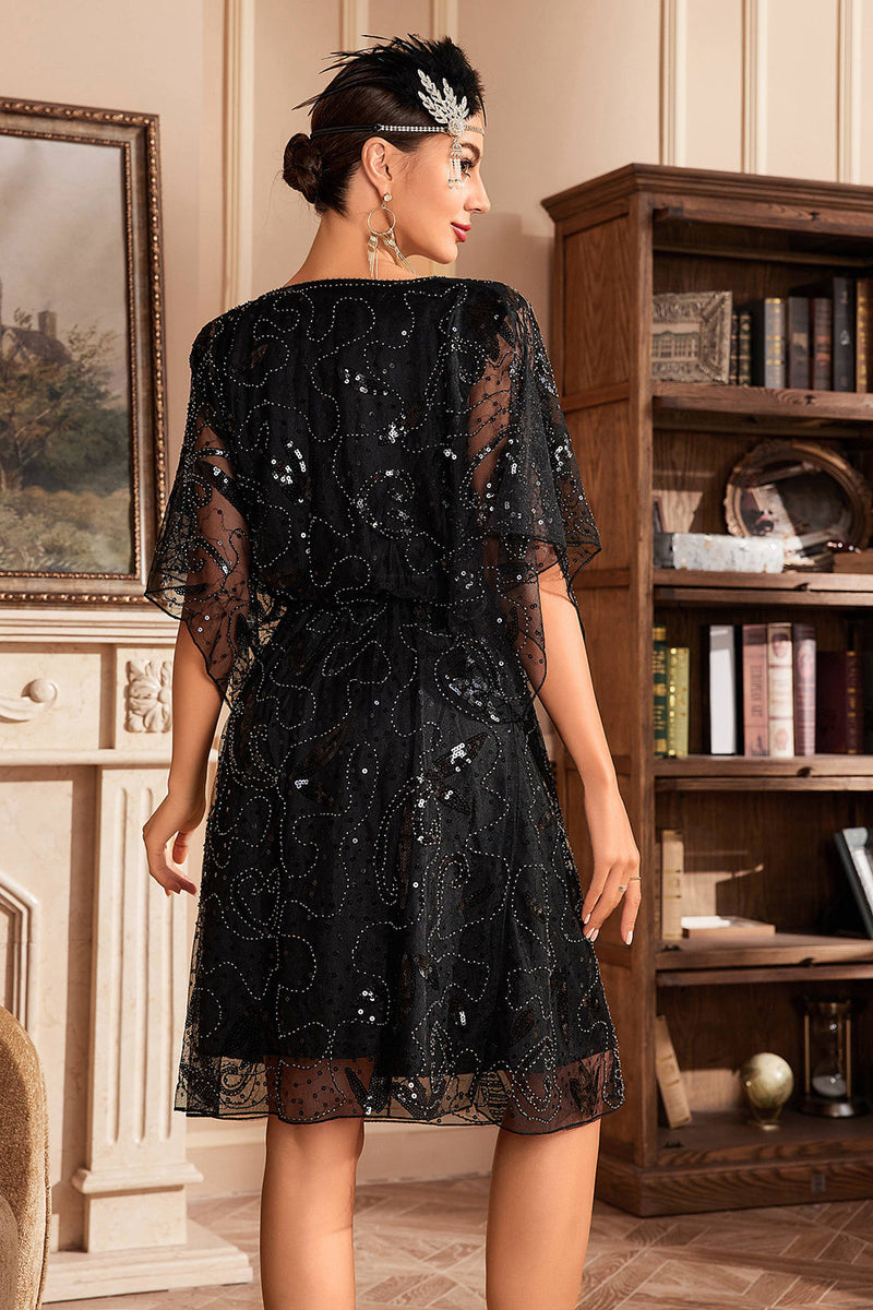 Load image into Gallery viewer, Batwing Sleeves Black Sequins 1920s Dress