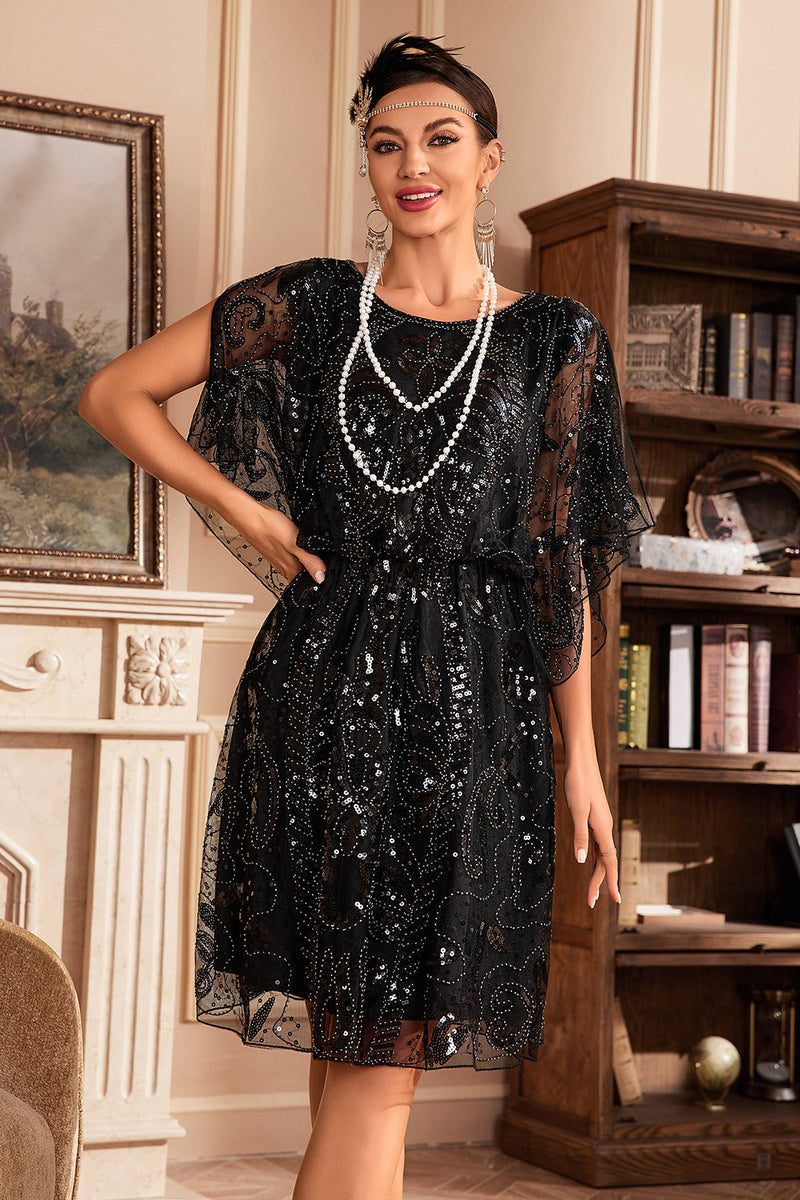 Load image into Gallery viewer, Batwing Sleeves Black Sequins 1920s Dress