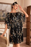 Load image into Gallery viewer, Black Glitter Sequins 1920s Dress with Batwing Sleeves