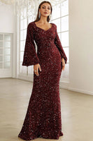 Load image into Gallery viewer, Burgundy Sparkly Sequin Mermaid Long Holiday Dress
