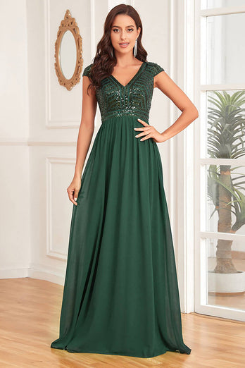 Dark Green V-neck A Line Formal Dress with Sequins