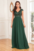 Load image into Gallery viewer, Dark Green V-neck A Line Formal Dress with Sequins