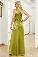 Load image into Gallery viewer, Satin Green Halter Formal Dress with Pleated