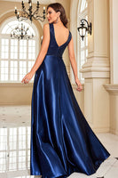 Load image into Gallery viewer, Navy Satin A-Line Formal Dress with Sequins