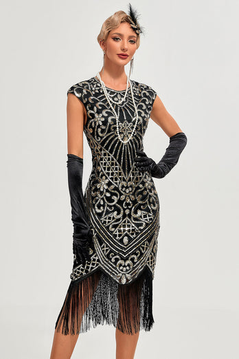 Sparkly Black Beaded Fringed 1920s Gatsby Dress