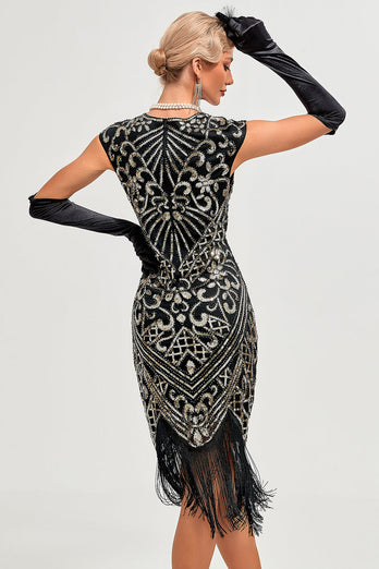 Sparkly Black Beaded Fringed 1920s Gatsby Dress