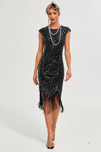 Sparkly Black Beaded Fringed 1920s Gatsby Dress