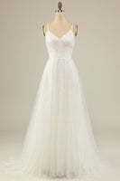 Load image into Gallery viewer, A Line Spaghetti Straps White Tulle Wedding Dress