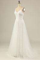 Load image into Gallery viewer, A Line Spaghetti Straps White Tulle Wedding Dress