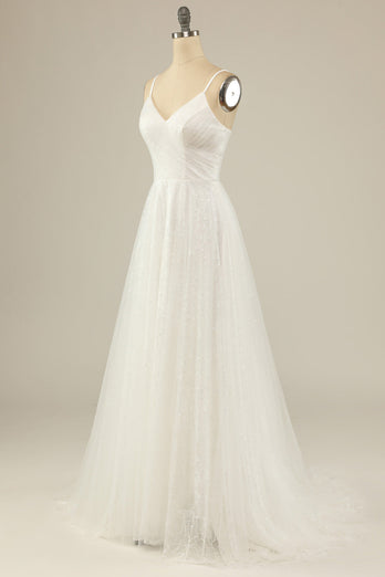 A Line Spaghetti Straps White Tulle Wedding Dress