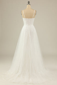 A Line Spaghetti Straps White Tulle Wedding Dress